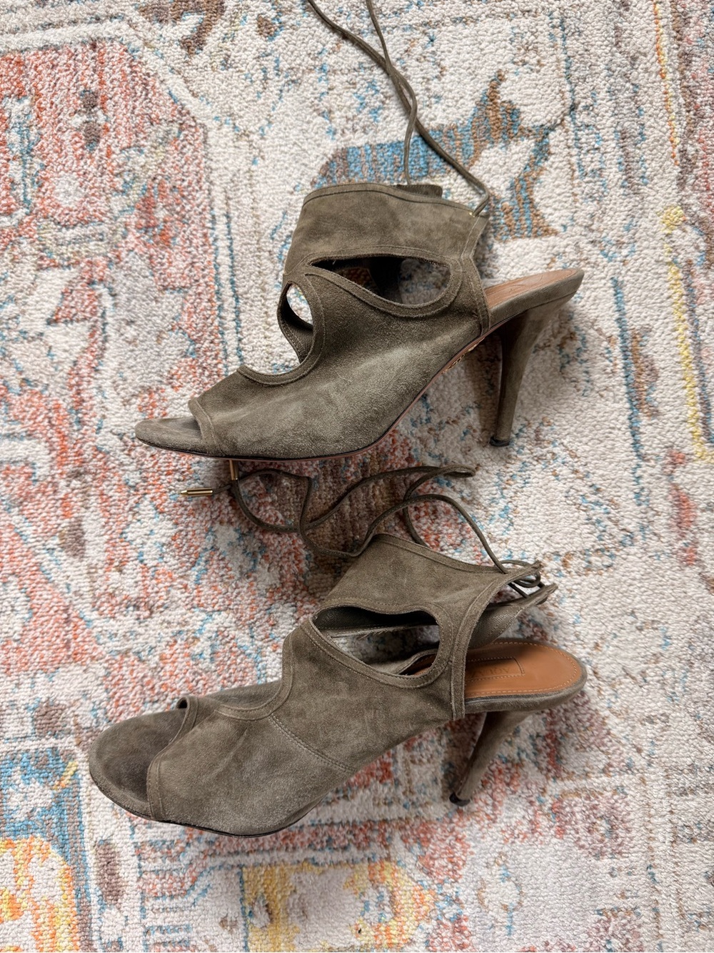 Aquazzura Suede Cutout High Heel Sandals in Olive